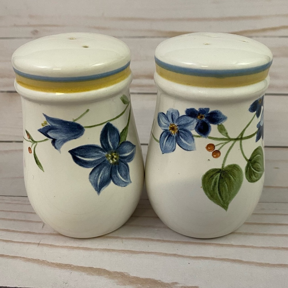 Vintage Blue Floral Salt & Pepper Shakers Yellow Blue Stripe